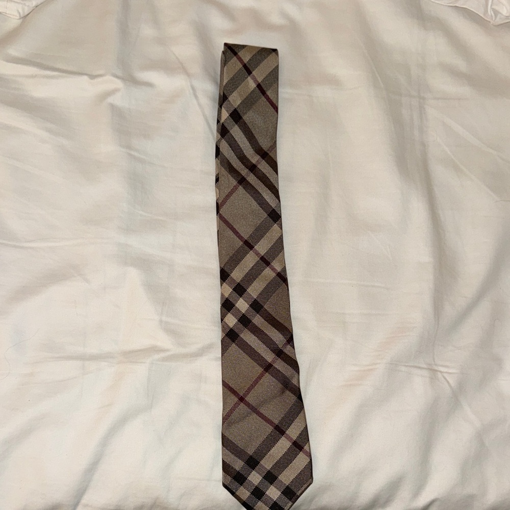 Burberry Brown Plaid Silk Tie with Black and Burgundy Accents